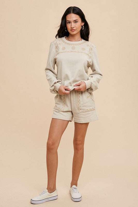 Oatmeal Rejoice 2-Piece Sweatshirt + Shorts Cotton Set in — full length view