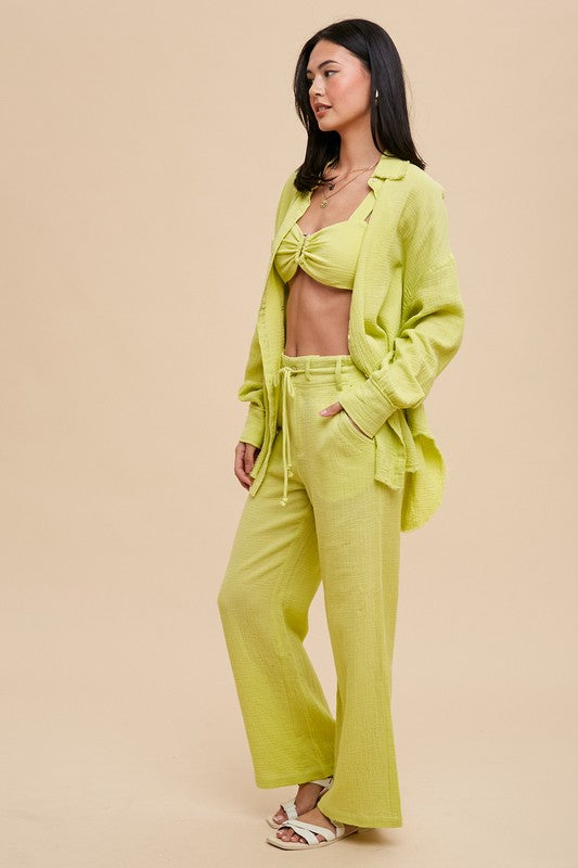 Kiwi-Lime Women's 3-Piece Bralette Wide-Leg Pants Overshirt Set Side - Textured Cotton Resort Outfit | marimia