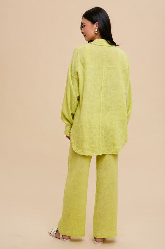 Kiwi-Lime Women's 3-Piece Bralette Wide-Leg Pants Overshirt Set Back - Textured Cotton Resort Outfit | marimia