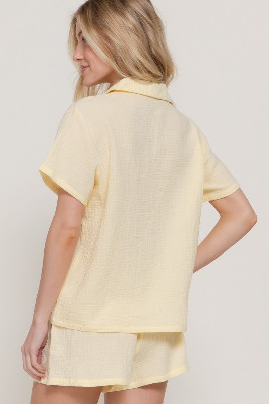 Gentle Ways 2-Piece Button Down V-Neck + Shorts Cotton Set