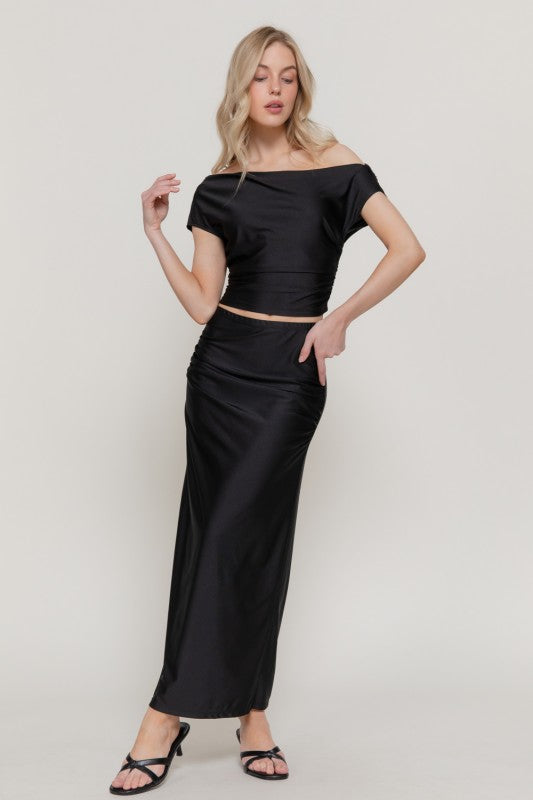 Effortless Elegance 2-Piece Set - Off Shoulder Crop Top and Maxi Skirt - Satin Black