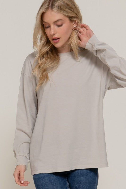 Taupe Daily Comfort 100% Garment-Dyed Cotton Long-Sleeve Tee