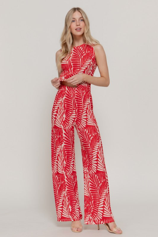 Hosanna Light 2-Piece Set - Sleeveless Top and Straight Leg Pants - Red and Cream Palm Print