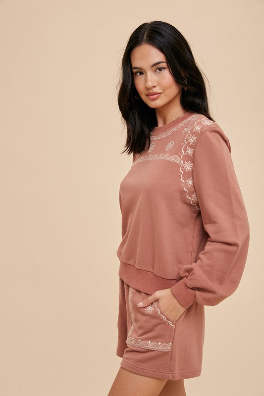 Rejoice & Blossom embroidered cotton shorts sweatshirt set
