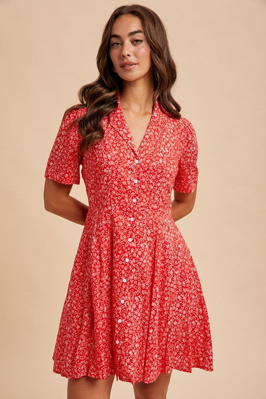 Clothed in Scarlet lapel button-down floral dress