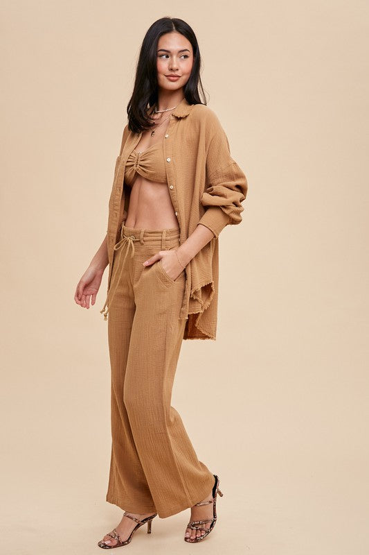 Earthen Women's 3-Piece Bralette Wide-Leg Pants Overshirt Set Side - Textured Cotton Vacation Outfit | marimia