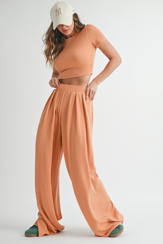 Hello Sunshine 2-Piece Ribbed Tee + Wide Leg Pants Set