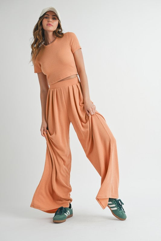 Hello Sunshine 2-Piece Ribbed Tee + Wide Leg Pants Set