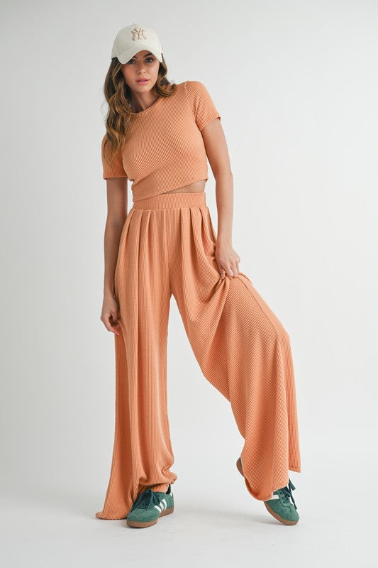 Hello Sunshine 2-Piece Ribbed Tee + Wide Leg Pants Set