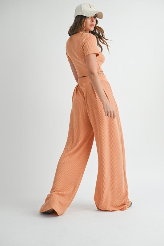 Hello Sunshine 2-Piece Ribbed Tee + Wide Leg Pants Set