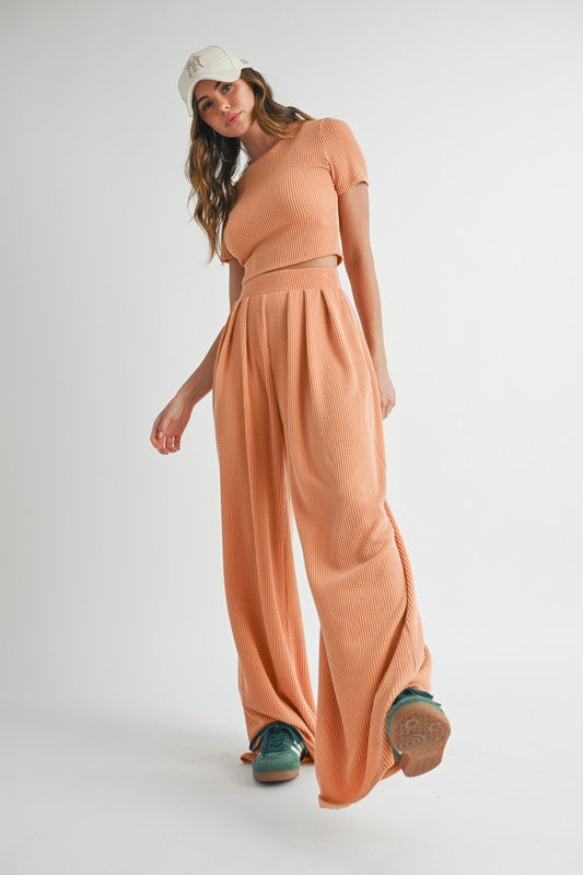 Hello Sunshine 2-Piece Ribbed Tee + Wide Leg Pants Set