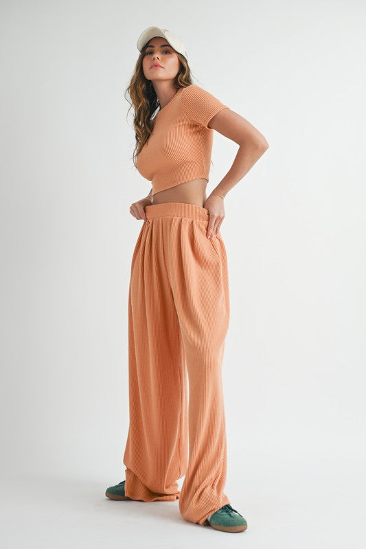 Hello Sunshine 2-Piece Ribbed Tee + Wide Leg Pants Set