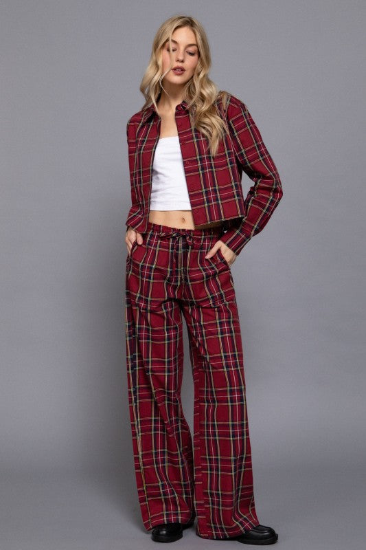 Red cotton tartan plaid matching set with an open cropped shirt and wide-leg pants, full-length view.