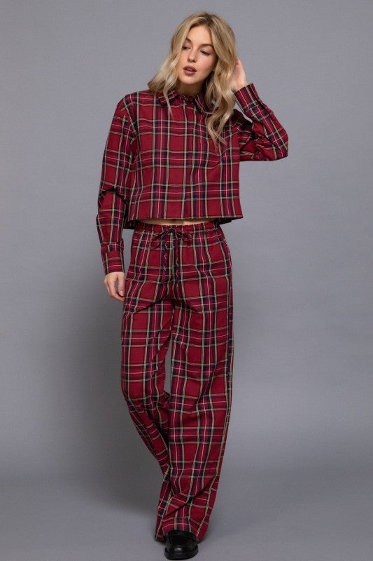Red cotton tartan plaid matching set with a buttoned cropped shirt and wide-leg pants, full-length view.