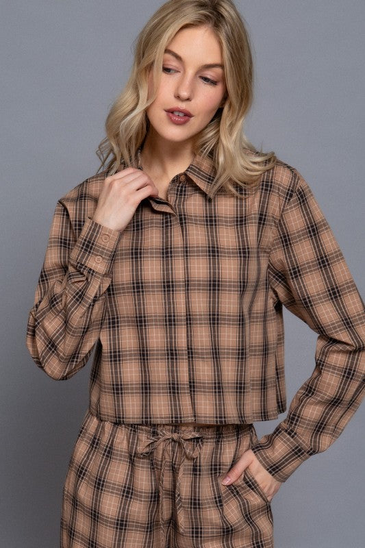 Beige tartan plaid cropped button-down shirt with matching drawstring pants, front view