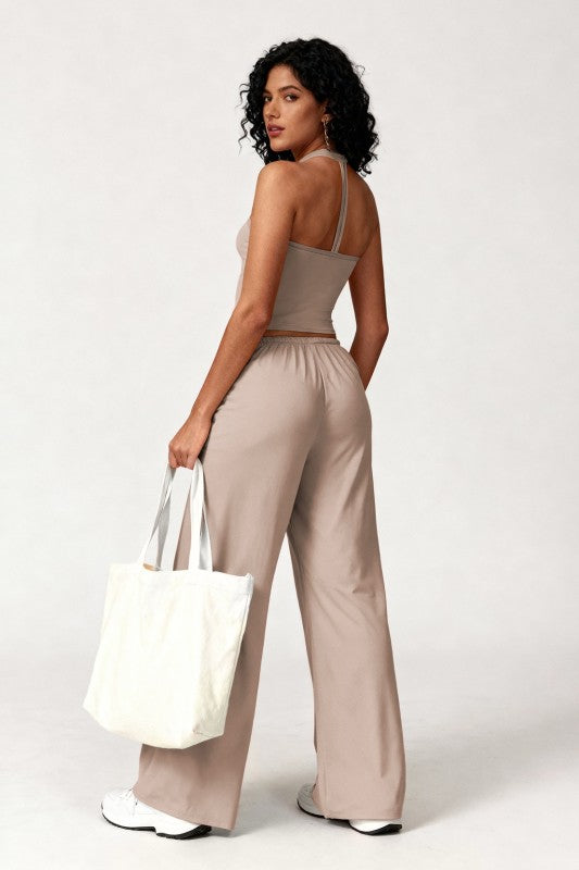 Taupe Women's 2-Piece Built-In Bra Halter Top and Wide-Leg Pants Set - Back