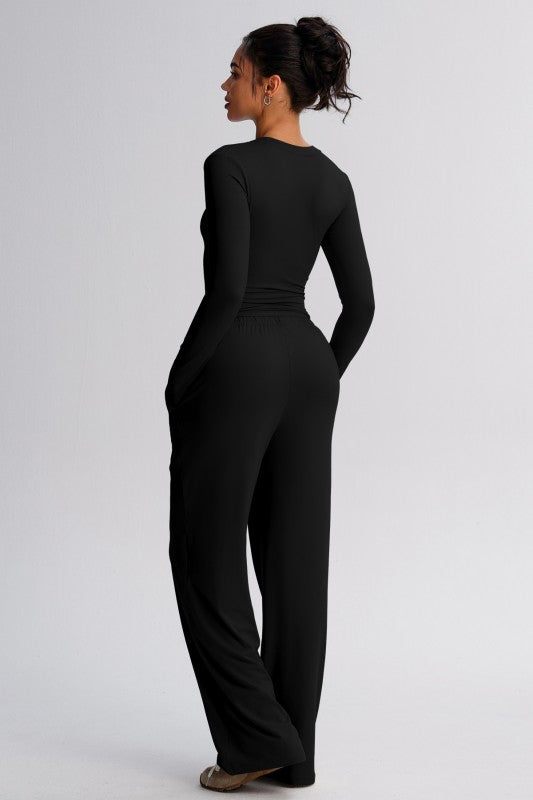 Ebony Women's 2-Piece Long Sleeve Crop Top and Wide-Leg Pants Set - Back  | marimia