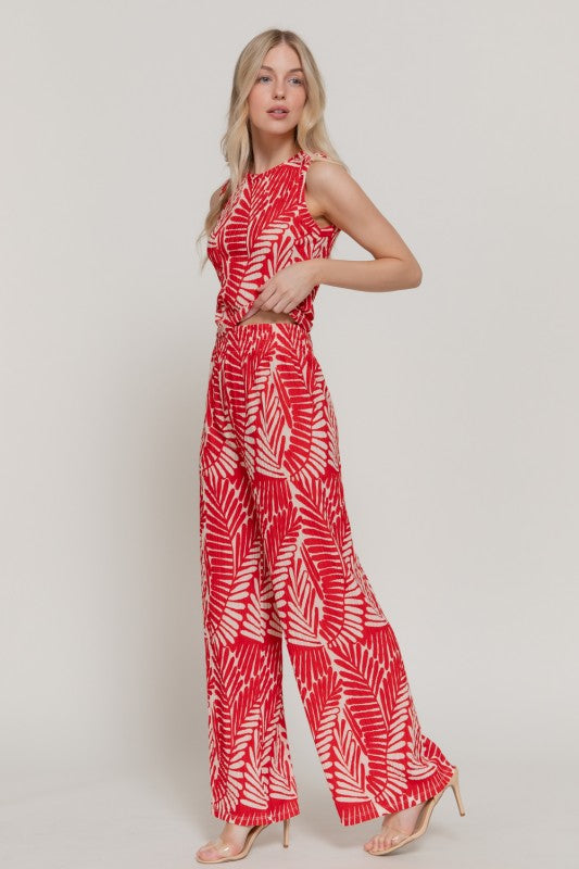 Hosanna Light 2-Piece Set - Sleeveless Top and Straight Leg Pants - Red and Cream Palm Print