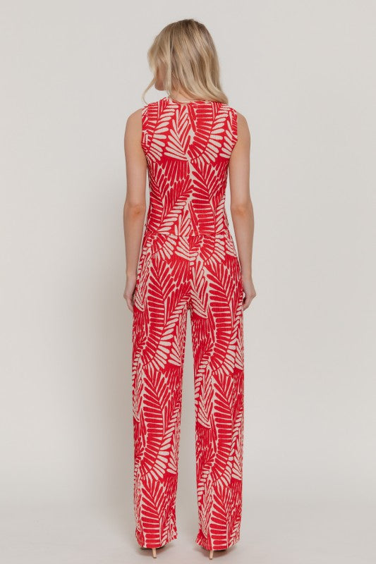 Hosanna Light 2-Piece Set - Sleeveless Top and Straight Leg Pants - Red and Cream Palm Print