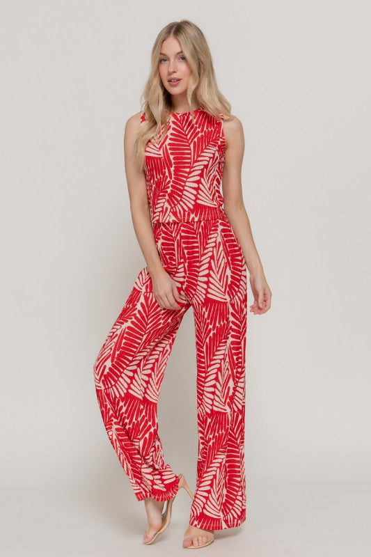 Hosanna Light 2-Piece Set - Sleeveless Top and Straight Leg Pants - Red and Cream Palm Print