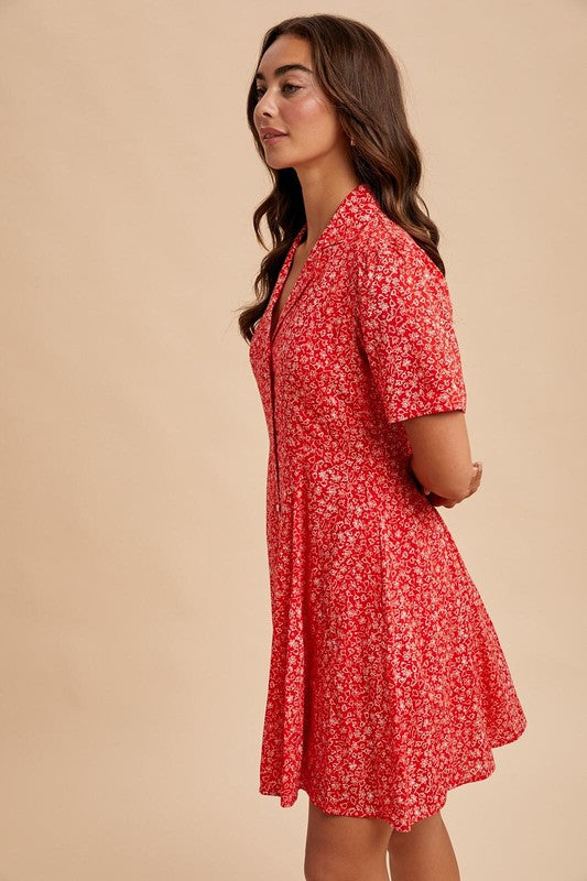 Clothed in Scarlet lapel button-down floral dress