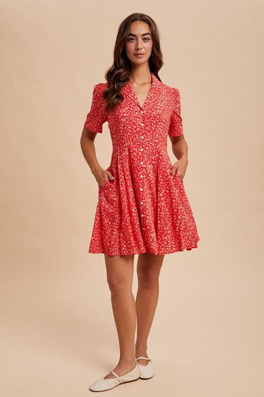 Clothed in Scarlet lapel button-down floral dress