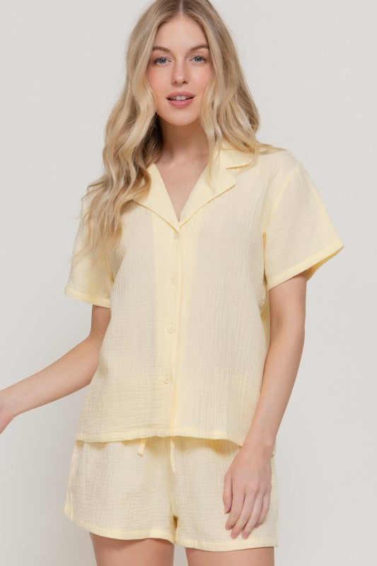Gentle Ways 2-Piece Button Down V-Neck + Shorts Cotton Set