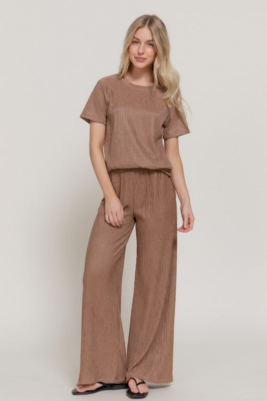 She Shines 2-Piece Set - Relaxed Top and Wide Leg Pants - Taupe Brown
