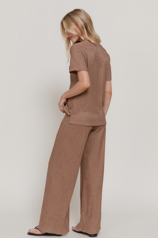 She Shines 2-Piece Set - Relaxed Top and Wide Leg Pants - Taupe Brown