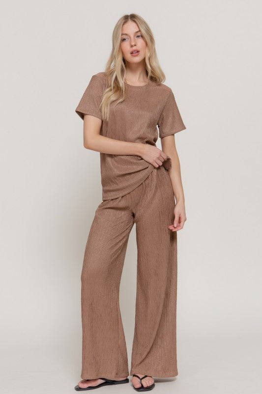She Shines 2-Piece Set - Relaxed Top and Wide Leg Pants - Taupe Brown