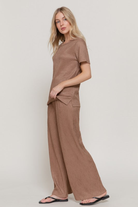 She Shines 2-Piece Set - Relaxed Top and Wide Leg Pants - Taupe Brown