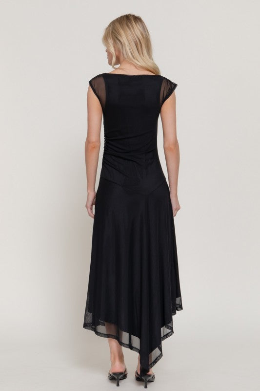 Simple Elegance Sheer Overlay Asymmetrical Midi Dress - Jet Black