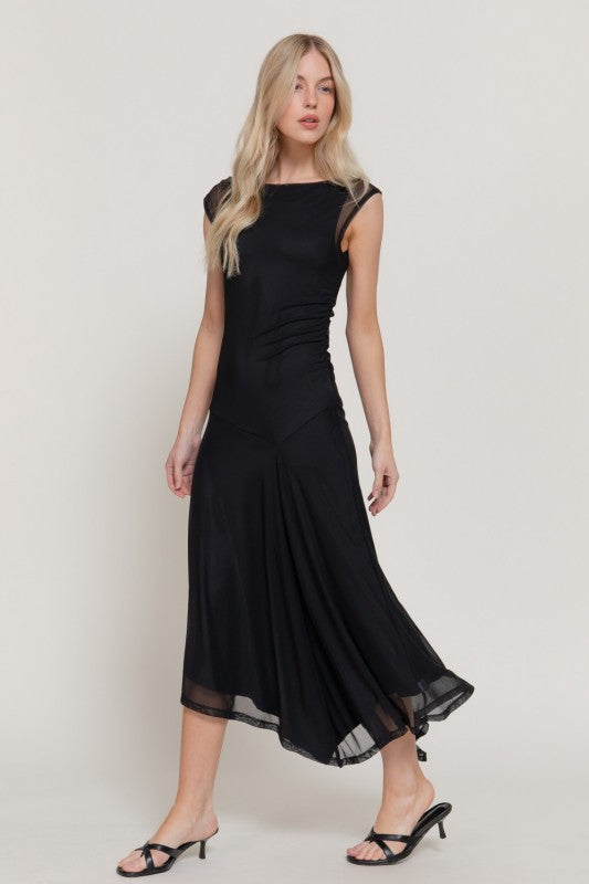Simple Elegance Sheer Overlay Asymmetrical Midi Dress - Jet Black