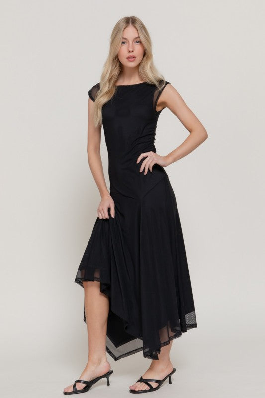 Simple Elegance Sheer Overlay Asymmetrical Midi Dress - Jet Black