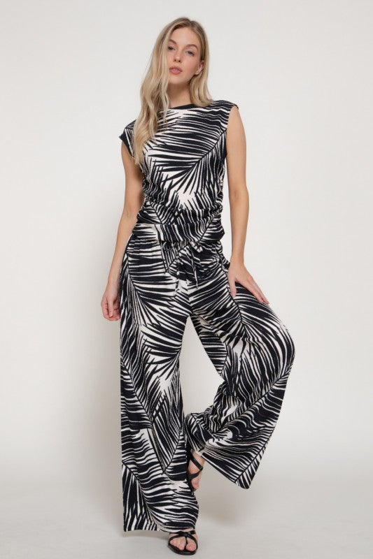 Hosanna 2-Piece Set - Sleeveless Top and Wide Leg Pants - Palm Print