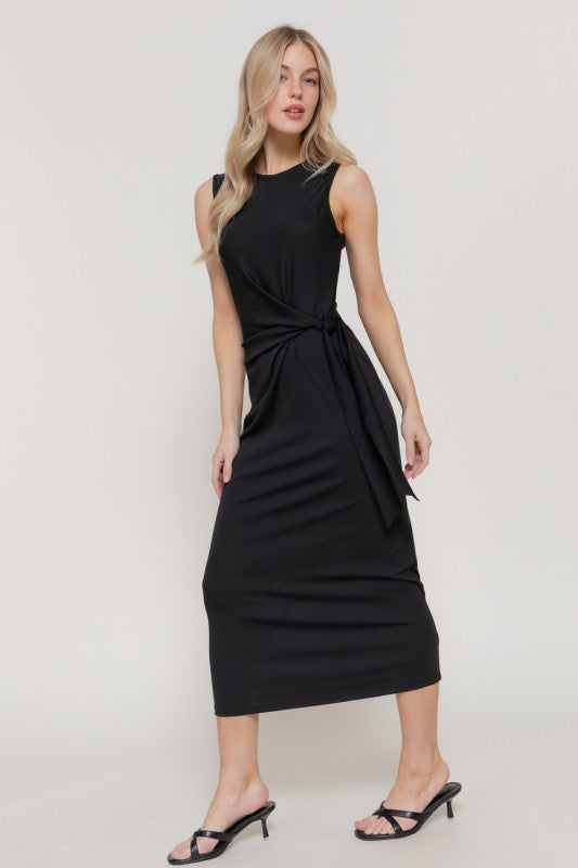 The Promise Timeless Relaxed Adjustable Waist Tie Midi Dress - Classic Black