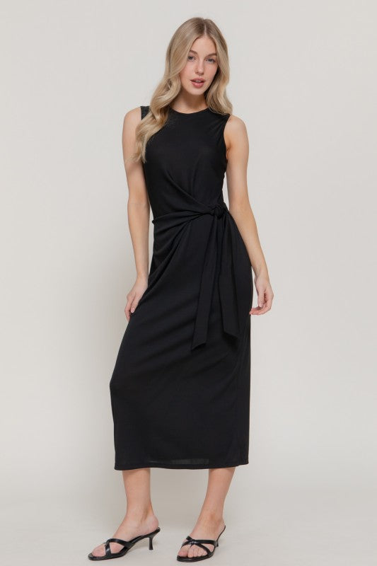 The Promise Timeless Relaxed Adjustable Waist Tie Midi Dress - Classic Black