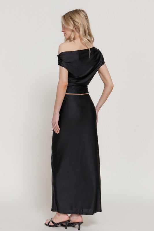 Effortless Elegance 2-Piece Set - Off Shoulder Crop Top and Maxi Skirt - Satin Black