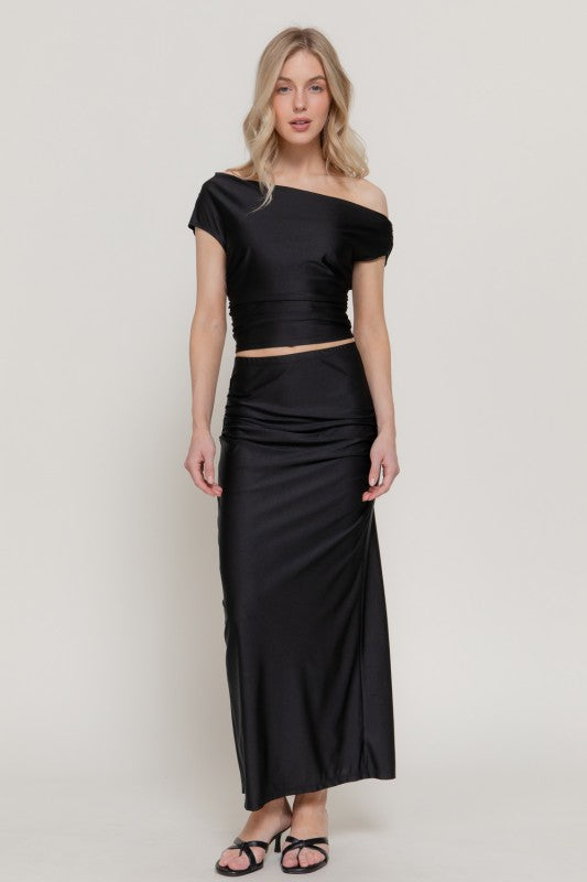 Effortless Elegance 2-Piece Set - Off Shoulder Crop Top and Maxi Skirt - Satin Black