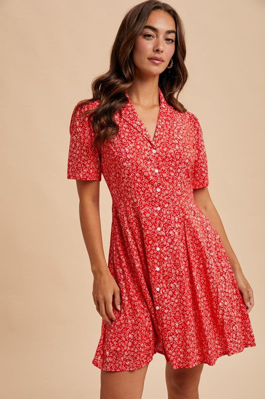 Clothed in Scarlet lapel button-down floral dress
