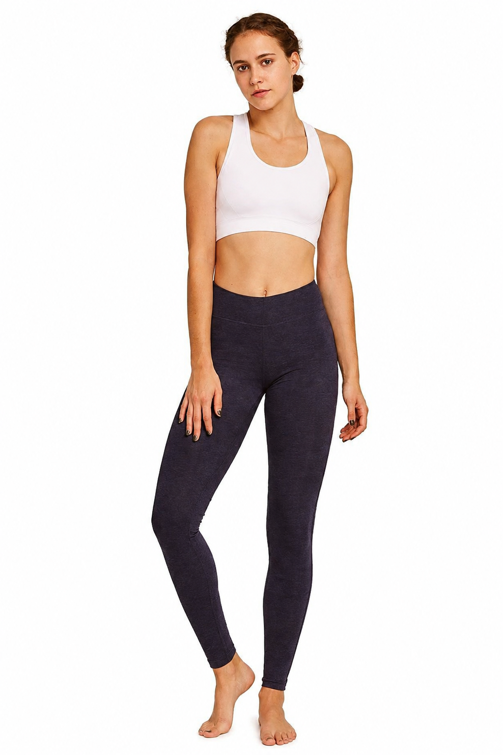 Navy high-rise cotton leggings, front view